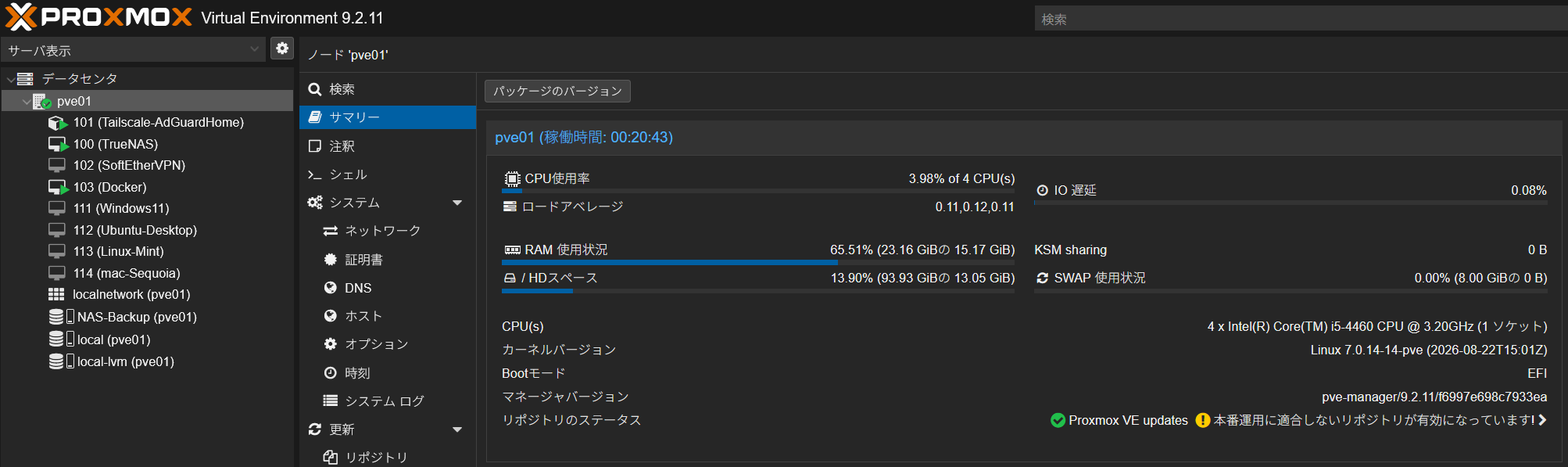 Proxmoxアップグレード後の画面